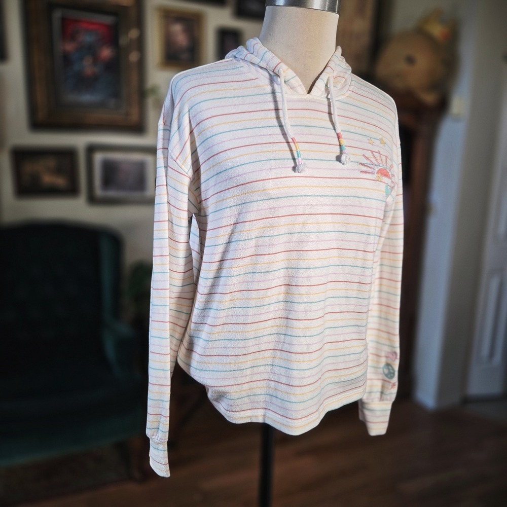 PJ Salvage Pullover Hoodie Sweater Soft White‎ Striped Rainbow Pastel Lounge XS